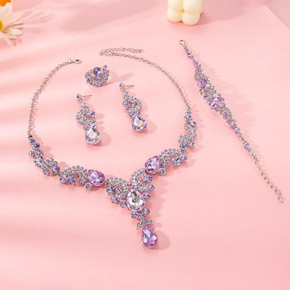Paxuan Crystal Bridal Wedding Jewelry Sets for Women Rhinestone Teardrop Crystal Statement Choker Necklace Drop Earrings Link Bracelets Rings Teardrop Jewelry Set for Brides Bridesmaids - color: Necklace+Earrings+Bracelet+Ring（Purple）