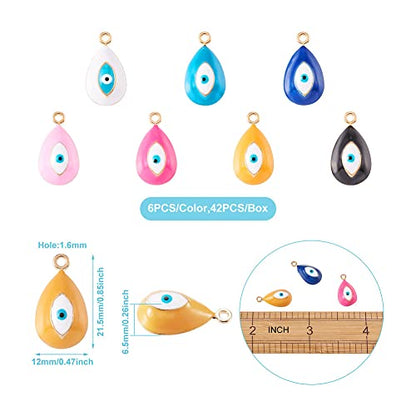 Cheriswelry 42pcs Teardrop with Evil Eye Pendants Charms Light Gold Alloy Enamel Drop Pendants Metal Dangle Charms Hang Ornament 21.5x12mm for DIY Earring Necklace Craft Jewelry Making - color: 7 Color-Teardrop with Evil Eye