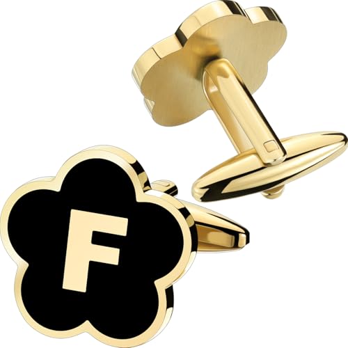 Initial Cufflinks for Mens,Personalized Black Glod Pated Letter Shirts CuffLinks,Stainless Steel Cuff Links, Business Wedding Gift A-Z - style: Letter F