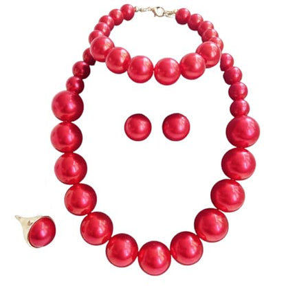 xuzhiyuan Statement Pearl Jewelry Set for Women - Includes Necklace, Bracelet, Earrings, and Ring | Colorful Faux Pearl Fashion Jewelry Set for Party, Wedding, Daily Wear - color: Red