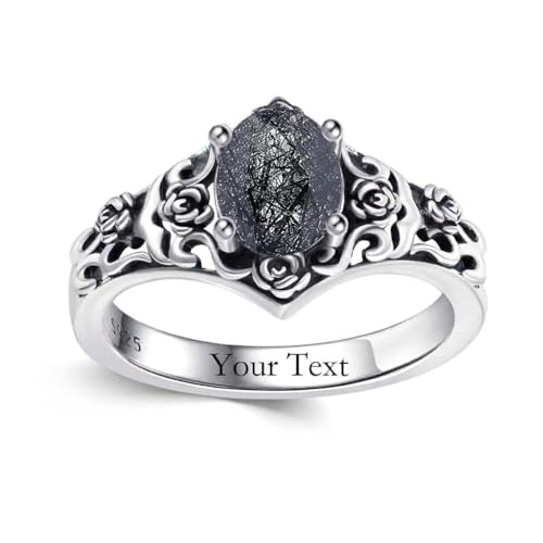 1 CT Oval Cut Gemstone Vintage Filigree Ring 925 Sterling Silver Retro Rose Teardrop Birthstone Statement Ring Anniversary Jewelry Gifts for Women Ring Size 4-13 - color: Black Rutilated Quartz