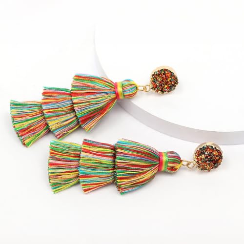 Me&Hz Colorful Layered Tassel Earrings Bohemian Statement Tiered Tassel Big Dangle Drop Earrings for Women Druzy Studs Valentine’s Day Gift - color: Colorful