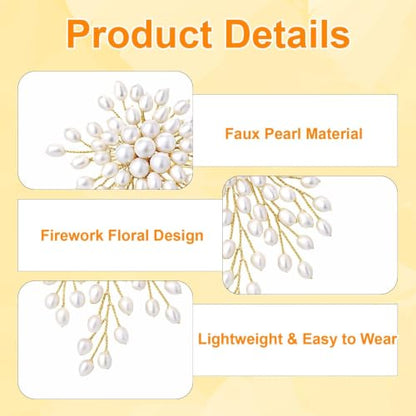 Pearl Flower Brooch Pin for Women, Elegant Floral Pin for Wedding | Firework-inspired faux pearl floral brooch adds an elegant accent to dresses, coats, scarves, and blazers.