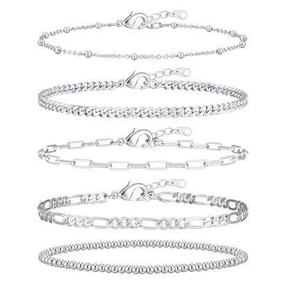 Gold Bracelets for Women, 14K Gold Plated Stackable Bracelet Stack Set Adjustable Charm Paperclip Chain Cuban Link Layered Waterproof Jewelry Sets Gifts for Womens 6.5 Inch - color: Silver 7.2 IN Large Wrist