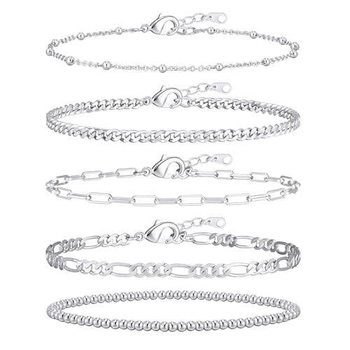 Gold Bracelets for Women, 14K Gold Plated Stackable Bracelet Stack Set Adjustable Charm Paperclip Chain Cuban Link Layered Waterproof Jewelry Sets Gifts for Womens 6.5 Inch - color: Silver-A 6.0 IN