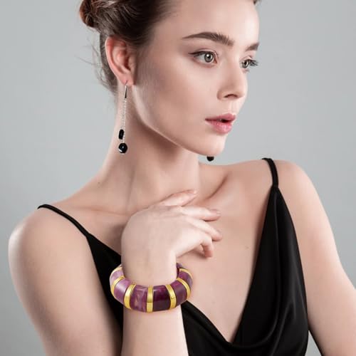 YBMYCM Acrylic Chunky Bangles Bracelets for Women Resin Gold-plated Stackable Stretch Bracelet Wide Wristbands Gift Jewelry - color: Purple