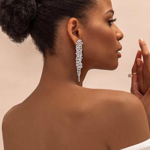 EVER FAITH Rhinestone Crystal Art Deco Statement Clip-on Earring, Wedding Prom Long Chandelier Dangle Earrings for Women - color: Clear Silver-Tone