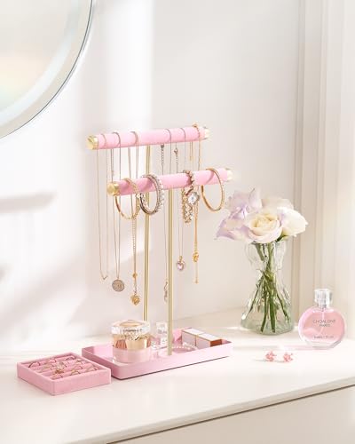 Lolalet 2-Tier Necklace Holder Display, Jewelry Stand with Ring Tray -Pink | Velvet Wrapped Jewelry Organizer, Tall Bracelet Stand for Bangles Watches Earrings, Gifts for Mom Girls Women Mother's Day - color: Pink