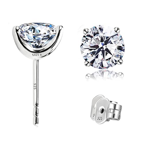"STUNNING FLAME" Solid 14K Gold Post & Sterling Silver Round Cut Cubic-Zirconia Stud CZ Earrings | Hypoallergenic Jewelry - color: Gold Plated Sterling Silver - White, size: 3.0 Carat-(1.5ct*2)-7.5mm