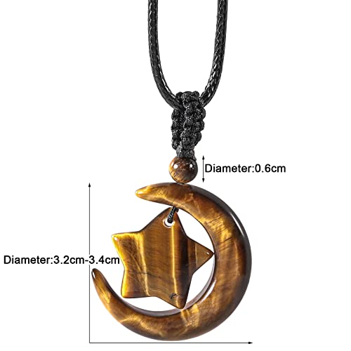 TUMBEELLUWA Hand Carved Crystal Crescent Moon Star Pendant Necklace | Celestial Sacred Symbol Talisman, Healing Crystal Necklace, Adjustable Cord, Attract Good Luck Positive Vibes - color: Brown
