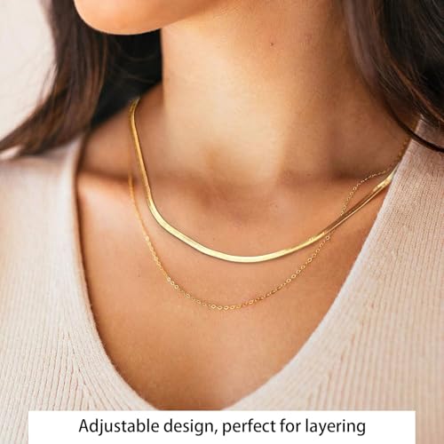 14K Gold Plated Paper Clip Chain Link Necklace Satellite Chain Necklace for Women - color: Herringbone Necklace