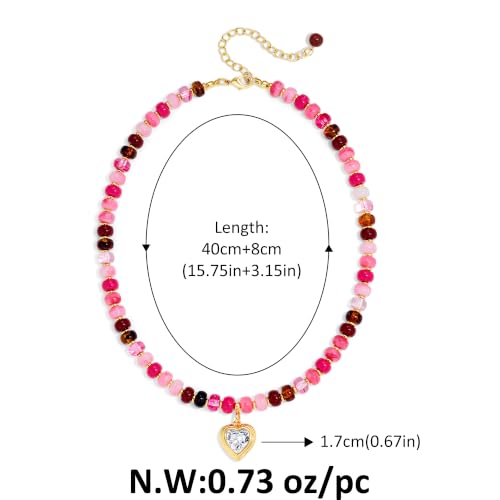 Boho Beaded Choker Necklaces for Women with A Gold Heart CZ - color: Pink