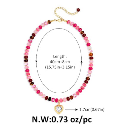 Boho Beaded Choker Necklaces for Women with A Gold Heart CZ - color: Pink