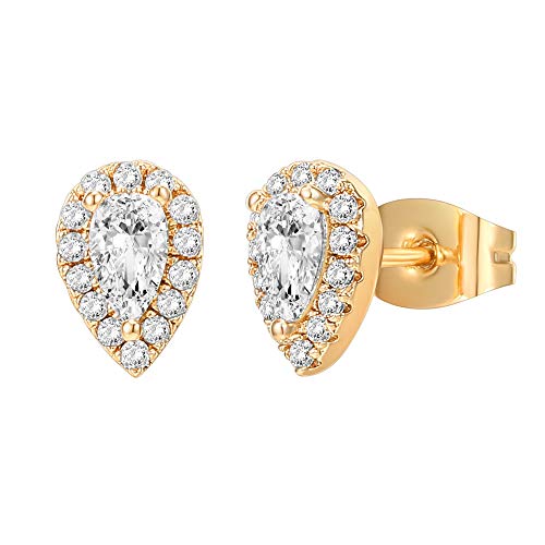 PAVOI 14K Gold Plated 925 Sterling Silver Post Brilliant Round Faux Diamond Halo Earrings - Premium Cubic Zirconia - style: Tear