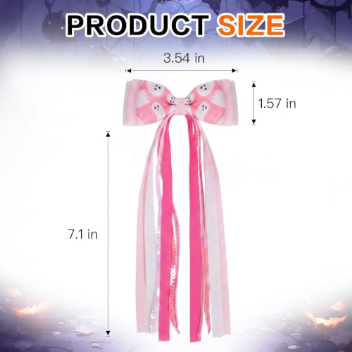 2PCS Pink Ghost Hair Bow Clips 7.1" Long Tail Ribbon Streamers | Grosgrain Ribbon, Sparkling Sequin Strands, Lined Alligator Clip, Holiday Ponytail Styling, Photography Accents - color: Pink Ghost
