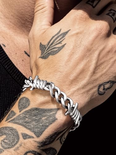 Bandmax Barbed Wire Chain Bracelets for Men Women Stainless Steel/Black/Gold Thorn Cuban Link Bracelet Adjustable Punk Emo Style Jewelry Gift - color: 10 12MM-Silver Tone