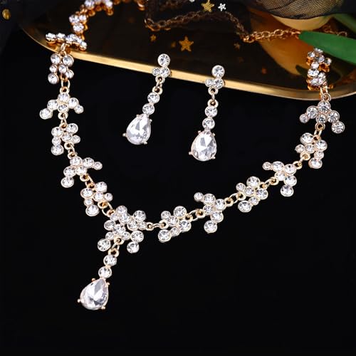 Crystal Crown and Tiara Jewelry Set for Women Bride with Necklace Earrings | Metal Rhinestone Royal Queen Princess Jewelry Set Wedding Quinceanera Pageant Prom Birthday Halloween Party Costume Gift - color: Gold