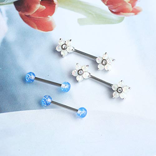 14G Opal Flower CZ Nipple Barbell Nipple Ring Piercing Jewelry for Women - color: white blue