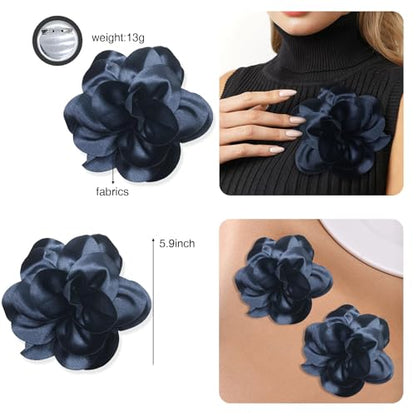 2Pack 6inch Extra Large Satin Brooches Lapel Pins Dainty Elegant Fabric Camellia Rose Flower Brooch Pin for Women Wedding Part Dance Clothes Accessories Jewelry - color: Cyan