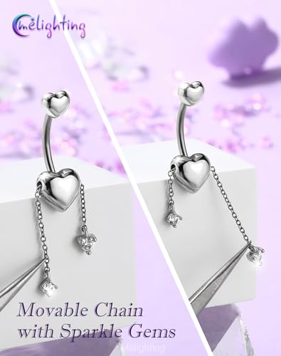 Melighting 14G Gold Belly Button Ring Dangle Chain, 10 mm Stainless Steel Belly Piercing Jewelry with CZ Heart Star Design, Cute Silver Navel Ring for Beach Daily Wear Women - color: Steel Heart