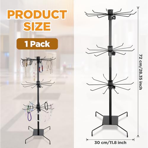 3 Tier 28.3 x 11.8 Inch Rotating Display Stand, Earring Display Rack, Black Metal Retail Display Stand with Hooks for Necklace, Bracelet, Earrings, and Keychains, Adjustable Height