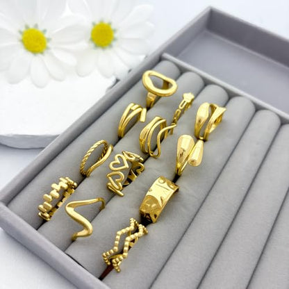 12PCS Gold Chunky Rings for Women Non Tarnish 18K Gold Plated Thick Round Adjustable Stackable Rings Open Stacking Knuckle Statement Ring Set Gifts
