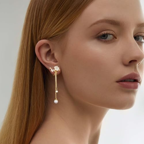 Awinesn Clip on Earrings Dangle Pearl Drop Clip Earrings for Women Trendy Dangle Chain Dainty Flower Wedding Earrings for Brides 14K Gold Plated Statement Non Pierced Earrings for Women Sparkly Jewelry - style: fugu-flower-g