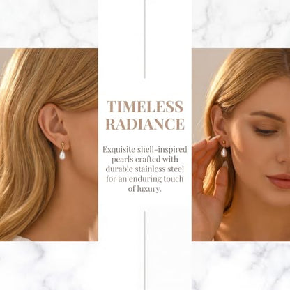 Hypoallergenic Pearl Earrings Set for Women | S925 Sterling Silver & Stainless Steel, Daisy Heart & Hook & Teardrop Dangle & Huggie Hoop, Simulated Pearl, Sensitive Ears - color: Yellow Gold Teardrop pearl