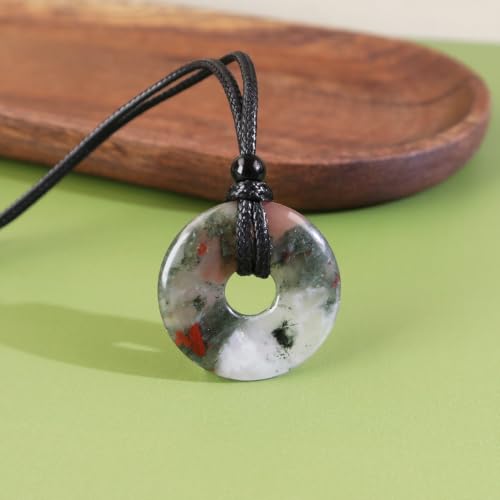 FANASY Natural Gemstone Pendant Necklce Lucky Coin Crystal Necklace Protection Donut Pendnat with Adjustable Rope for Men Women - color: African Bloodstone