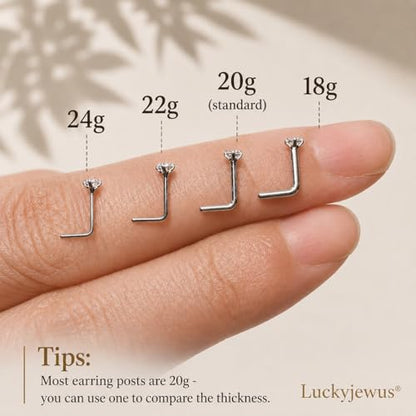 LUCKYJEWUS 925 Sterling Silver Nose Rings Studs for Women Men, 18G / 20G / 22G / 24G L Shaped Nose Stud Nose Piercing Jewelry - size: 2mm CZ, 20 gauge