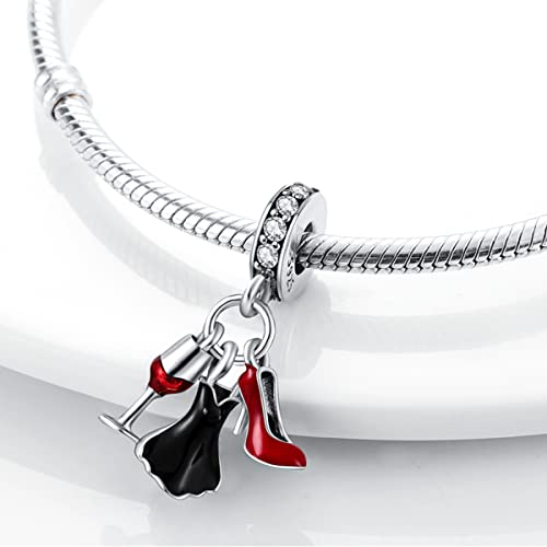 925 Sterling Silver Charm for Bracelet Necklace Women Dangle Pendant Beads | Love Faith Mom Ocean travel Butterfly Party Charm Beads Pendants DIY Jewelry Gift - color: Dress high heels wine glass pendant