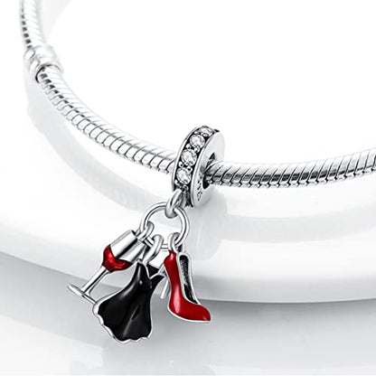 925 Sterling Silver Charm for Bracelet Necklace Women Dangle Pendant Beads | Love Faith Mom Ocean travel Butterfly Party Charm Beads Pendants DIY Jewelry Gift - color: Dress high heels wine glass pendant