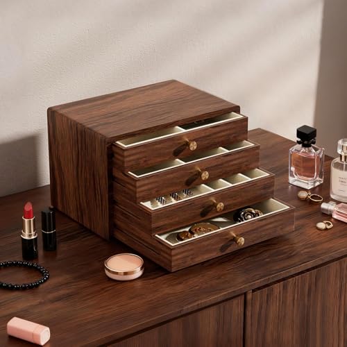 GENUINED Gifts for Women, Large Black Walnut Wooden Jewelry Box for Women, Solid Wood Jewelry Organizers and Storage(4 Layer)