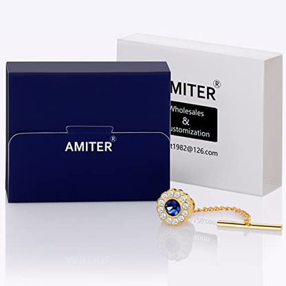 AMITER Crystal/Pearl Tie Tack with Chain, Gold Mens Tie Pin Necktie Pins Lapel Pin for Wedding Birthday Anniversary Party - color: 24k Gold+Blue Crystal