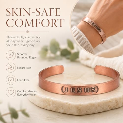 Pure Copper Bracelet for Men & Women, JESUS Engraved Adjustable Open Bangle, Uncoated Hammered Christian Jewelry Gift