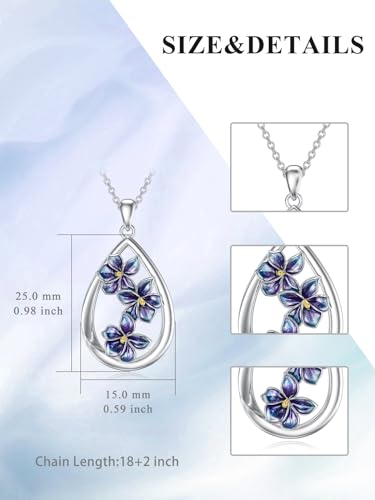 12 Month Birth Flower Necklace for Women 925 Sterling Silver Floral Teardrop Pendant Birthday Jewelry Gifts - color: 02. February Violet