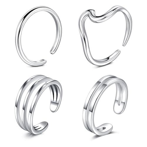 JFORYOU Toe Rings for Women Adjustable Open Toe Rings with Anklet Set CZ Flower Toes Ring for Summer Beach Foot Jewelry - color: 4pcs-silver toe rings Style C