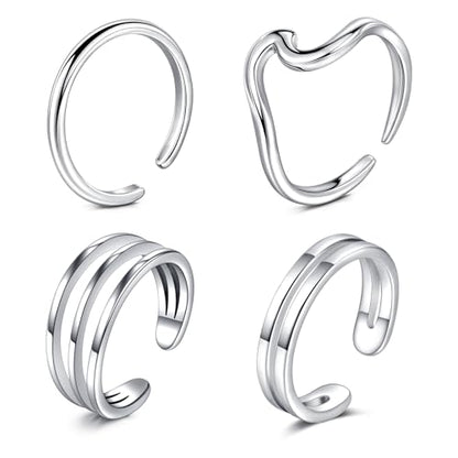 JFORYOU Toe Rings for Women Adjustable Open Toe Rings with Anklet Set CZ Flower Toes Ring for Summer Beach Foot Jewelry - color: 4pcs-silver toe rings Style C