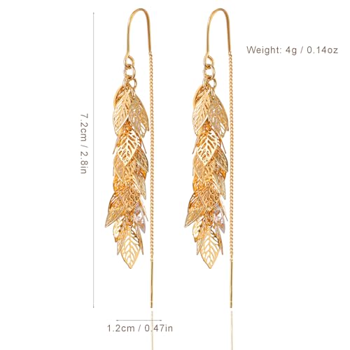 14K Gold Plated Leaf Threader Crystal Earrings for Women, Long Tassel Elegant Dangle Drop Earrings for Weddings, Galas, and Formal Events, Hypoallergenic Lightweight Jewelry Idea Gift - color: Gold
