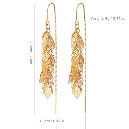 14K Gold Plated Leaf Threader Crystal Earrings for Women, Long Tassel Elegant Dangle Drop Earrings for Weddings, Galas, and Formal Events, Hypoallergenic Lightweight Jewelry Idea Gift - color: Gold