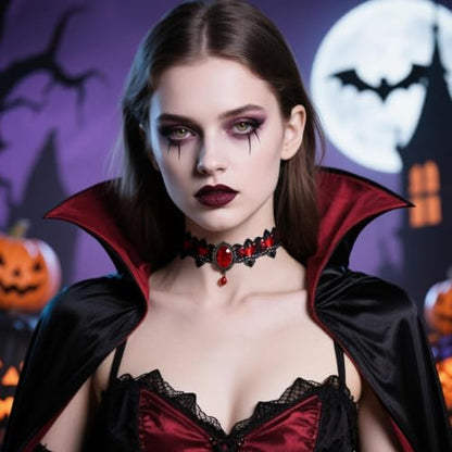 Gothic Lace Choker Vampire Necklace for Women,Black Lace Red Crystal Pendant Necklaces for Halloween,Goth Black Necklace Jewelry Witch Costume Vampire Accessories - style: Style Red