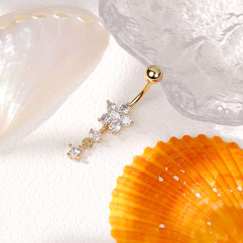 14G G23 Titanium Dangle Belly Button Ring for Women Flower CZ Dangling Belly Rings Cute Dainty Dangly Navel Ring Belly Piercing Jewelry - color: Gold