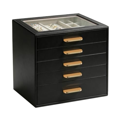 Homeanda Glass Lid Jewelry Boxes for Women, 5-Layer PU Leather Organizer with 4 Drawers, Display Storage for Rings Necklaces Earrings Bracelets Watches, Gift for Wife and Girls (Black) - color: Black, size: 5 Layer (9.7"D x 8"W)