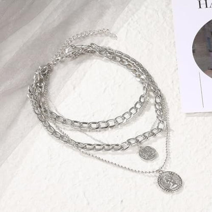 GIGB PBDK Chunky Layered Coin Pendant Necklaces for Women Gold Cuban Link Chain Statement Necklaces Punk Halloween Bachelor Party Holiday Vacation Accessory - color: Silver