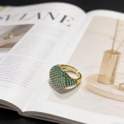 Luxury Dome Cubic Zirconia Adjustable Open Statement Ring for Women Men Gold-Tone Dainty Sparkly Crystal Colorful Rhinestone Geometry Statement Stacking Finger Band Wedding Party Fashion Jewelry - color: Green
