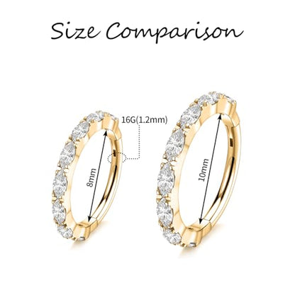 PEAKLINK 16G Nose Hoop Ring 316L Surgical Steel Conch Cartilage Helix Earring with Cubic Zircon Tragus Rook Daith Septum Piercing Jewelry 8mm 10mm for Women Men - color: Style2:Gold-Horse Eye CZ