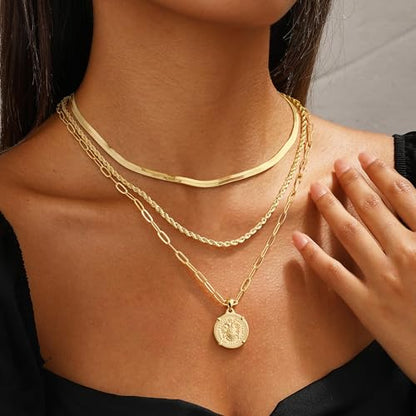 M MOOHAM Layered Gold Necklaces Stack for Women No Tarnish | 14K Gold Plated, Stackable Pendant Necklace Set, Snake Rope Cuban Paperclip Chain, CZ Coin Pendant, Dainty Jewelry Gifts - color: 3 Layered Snake Rope Coin Medallion Pendant-Gold