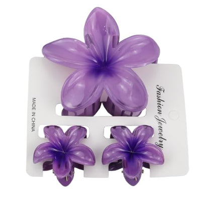 Flower Hair Claw Clip Set,1 Pc Large and 2 Pcs Small Hawaiian Plumeria Claw Clips,Beach Tropical Hair Accessories for Women (Purple) - color: Purple