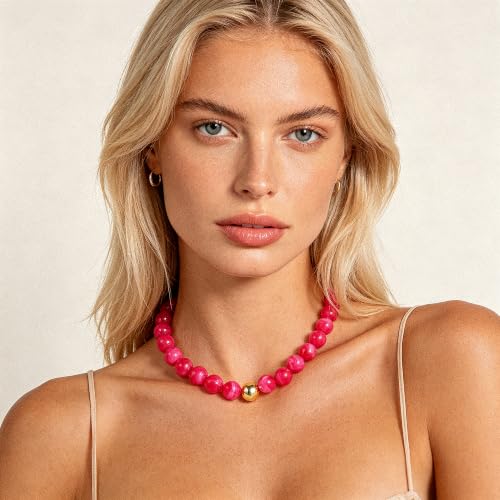 Colorful Chunky Beaded Necklaces for Women Multicolor Large Round Resin Beads Collar Necklace Boho Trendy Statement Chokers Y2K Summer Beach Jewelry - color: Hot Pink