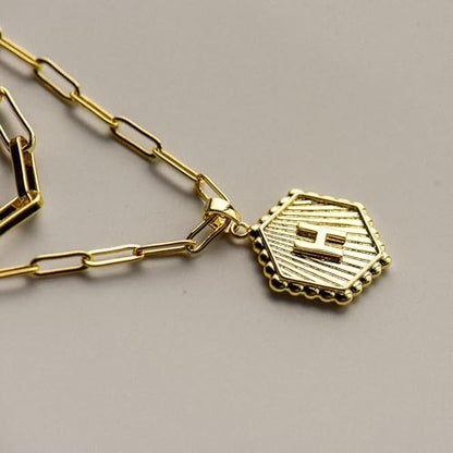 Layered Initial Necklace for Women | Gold Plated Paperclip Chain with Sunburst Hexagon Letter Pendant | Double Layer Alphabet Necklace | Personalized Minimalist Jewelry Gift - color: H